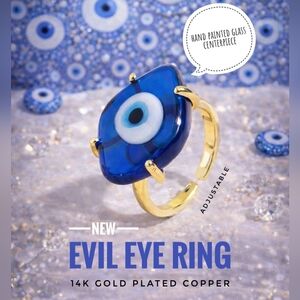 🧿 Evil Eye Ring - Hand-painted Glass – Adjustable Gold-Plated Band, Protection